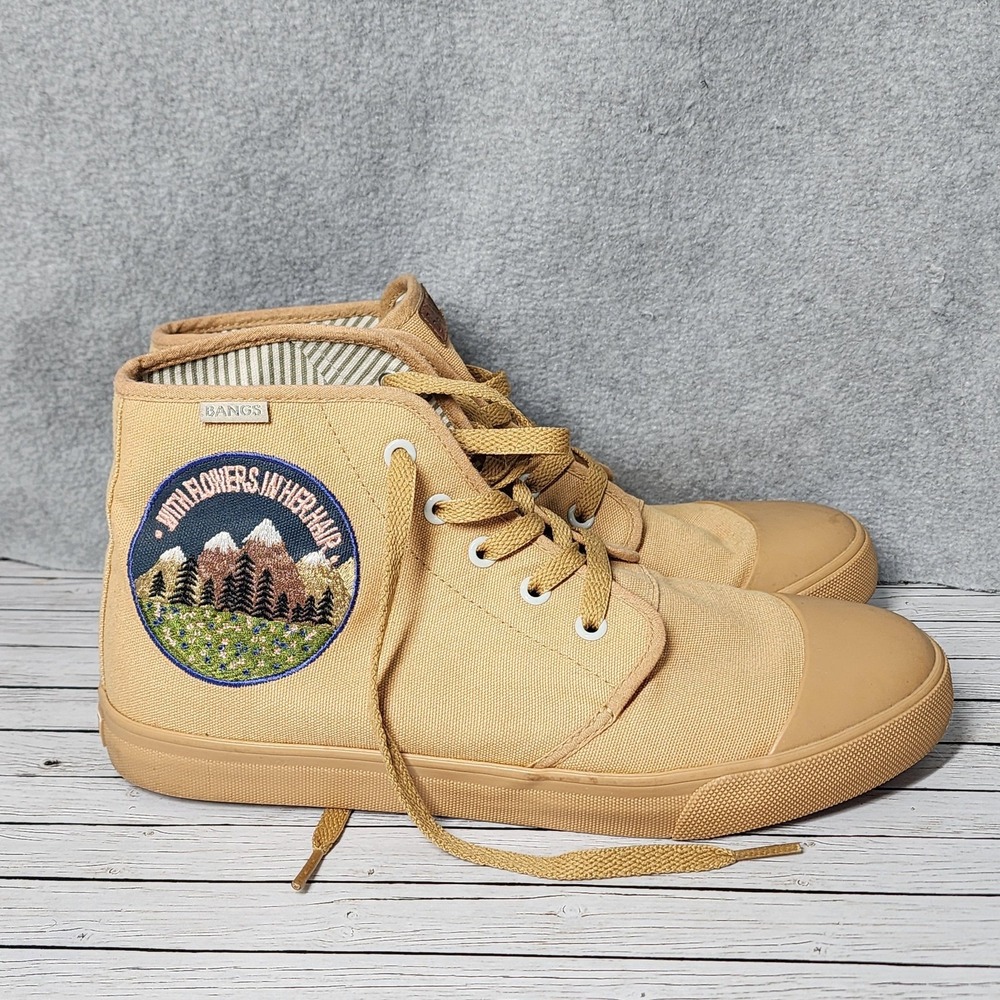 BANGS Shoes Mens Size 8 Womens 10 Tan Canvas High‎ Top Patch Wildflowers Hiking - Picture 6 of 9